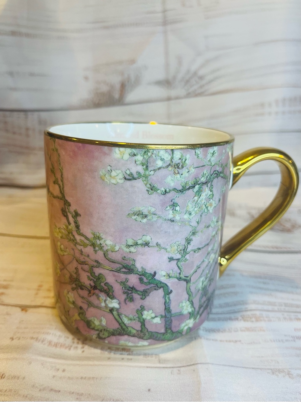 Mug, Ceramic, Van Gogh , Almond Blossom Pink Floral Ceramic Mug with Gold Handle